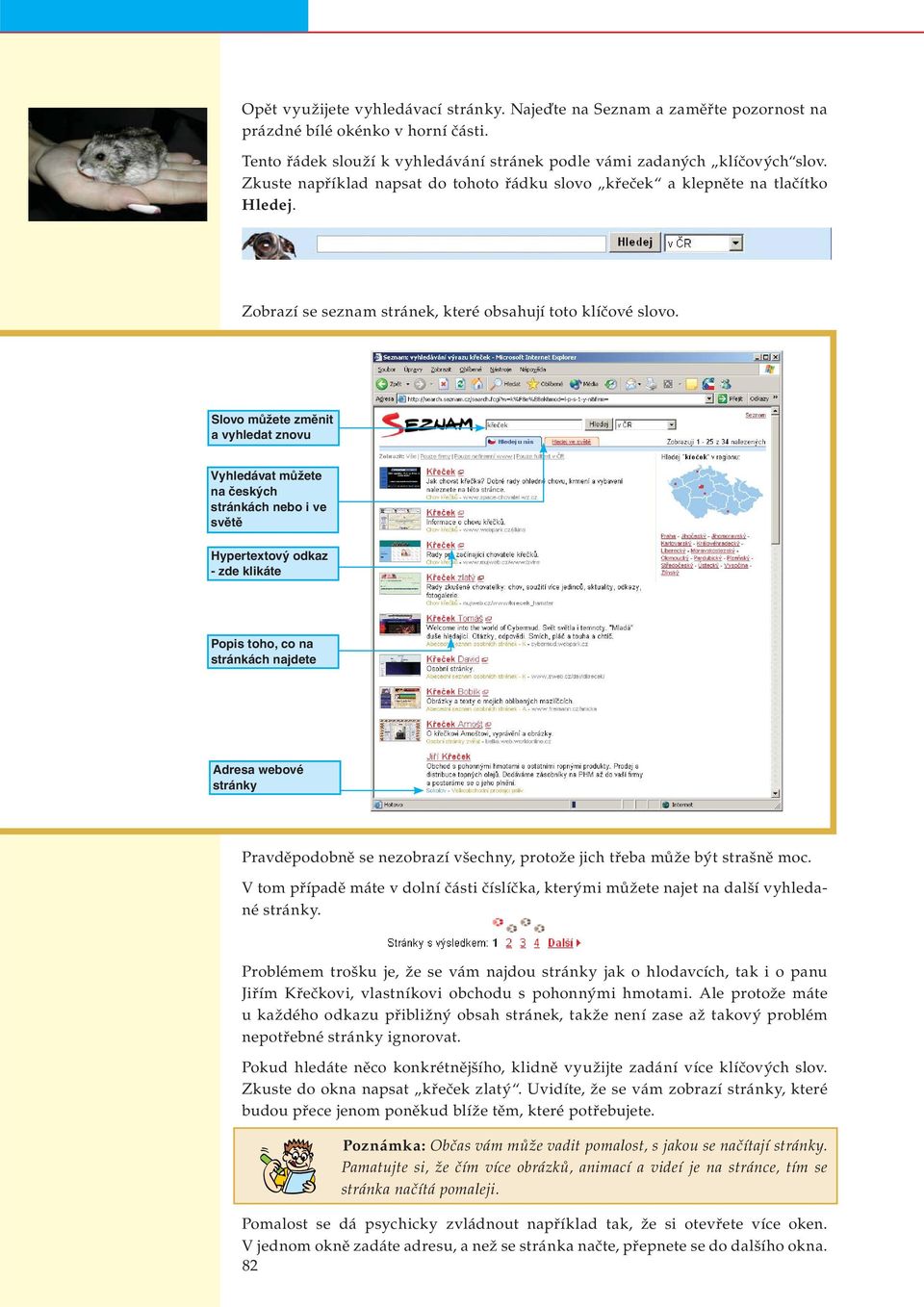 Slovo můžete změnit a vyhledat znovu Vyhledávat můžete na českých stránkách nebo i ve světě Hypertextový odkaz - zde klikáte Popis toho, co na stránkách najdete Adresa webové stránky Pravděpodobně se