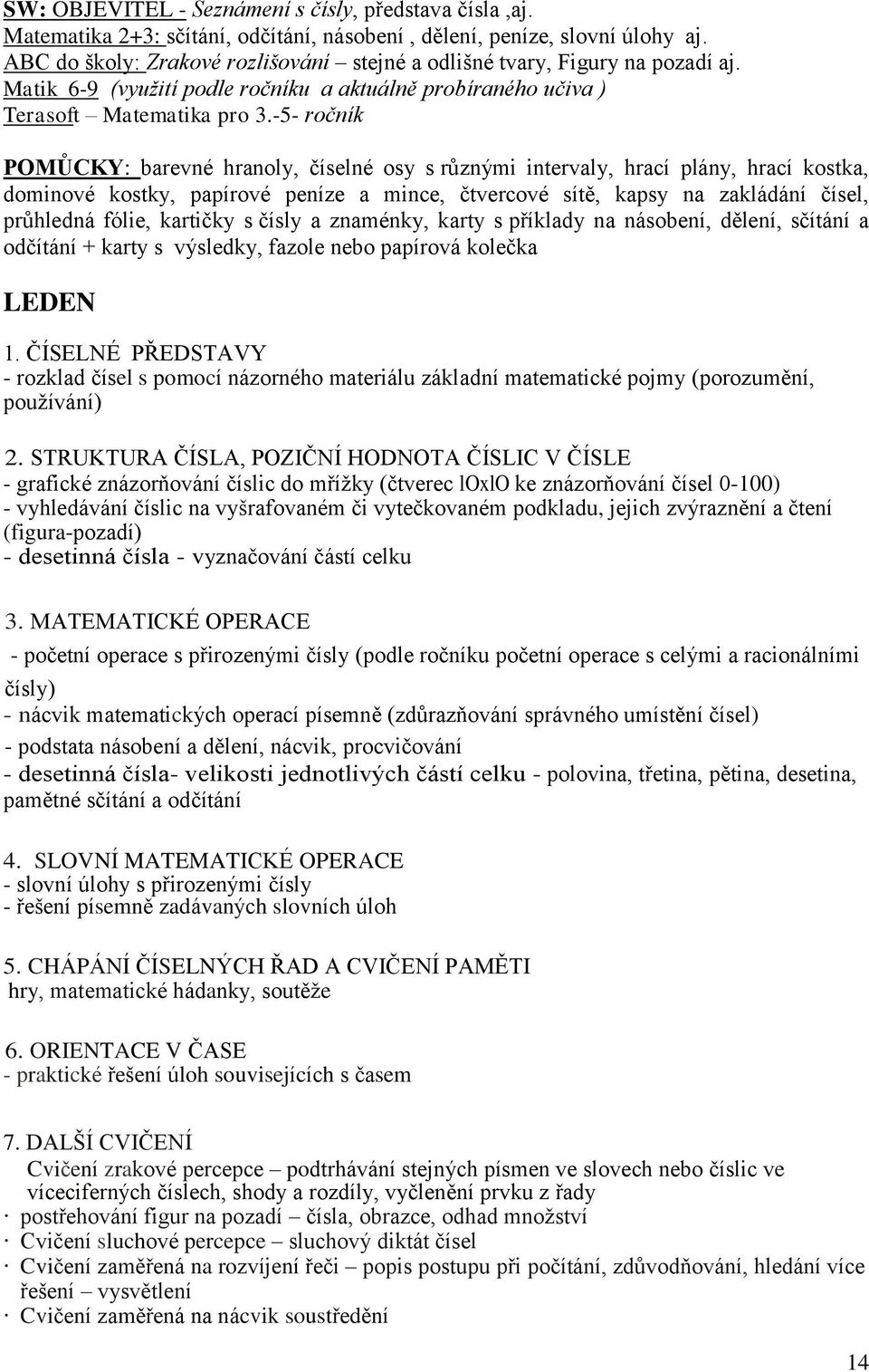 -5- ročník POMŮCKY: barevné hranoly, číselné osy s různými intervaly, hrací plány, hrací kostka, dominové kostky, papírové peníze a mince, čtvercové sítě, kapsy na zakládání čísel, průhledná fólie,