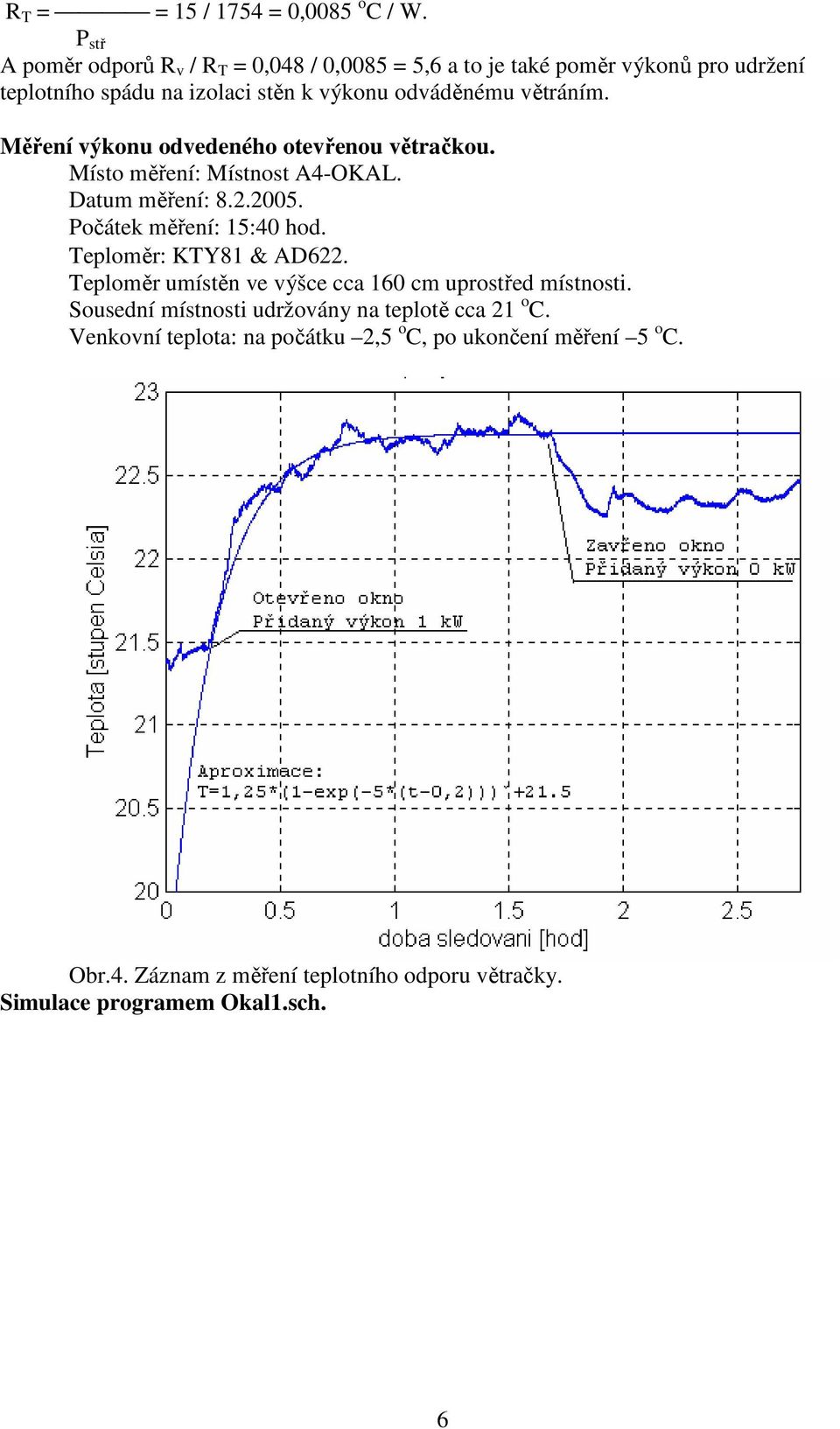 větráním. Měření výkonu odvedeného otevřenou větračkou. Místo měření: Místnost A4-OKAL. Datum měření: 8.2.2005. Počátek měření: 15:40 hod.