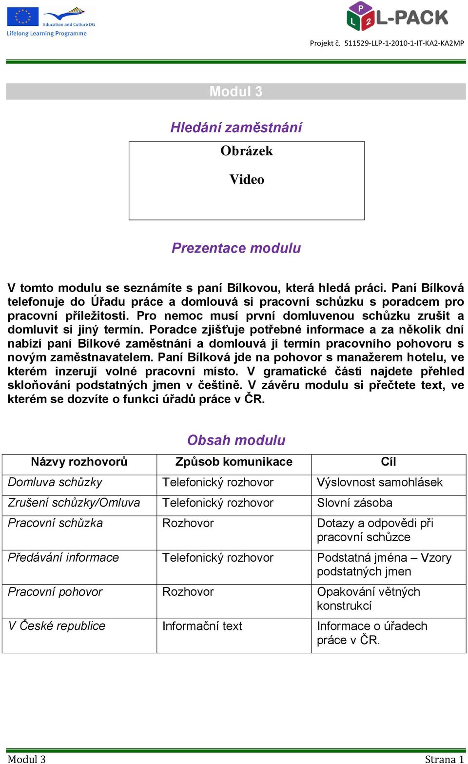 Poradce zjišťuje potřebné informace a za několik dní nabízí paní Bílkové zaměstnání a domlouvá jí termín pracovního pohovoru s novým zaměstnavatelem.