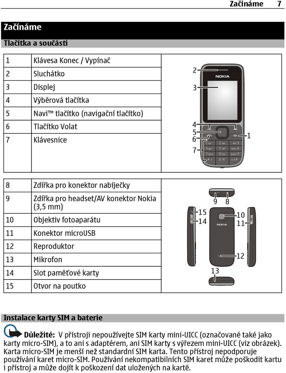 baterie Důležité: V přístroji nepoužívejte SIM karty mini-uicc (označované také jako karty micro-sim), a to ani s adaptérem, ani SIM karty s výřezem mini-uicc (viz obrázek).