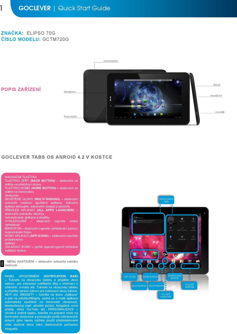 2 v kostce MIC HDMI micro USB / OTG ON/OFF button NAVIGAČNÍ TLAČÍTKA GOCLEVER TAB with ANROID 4.