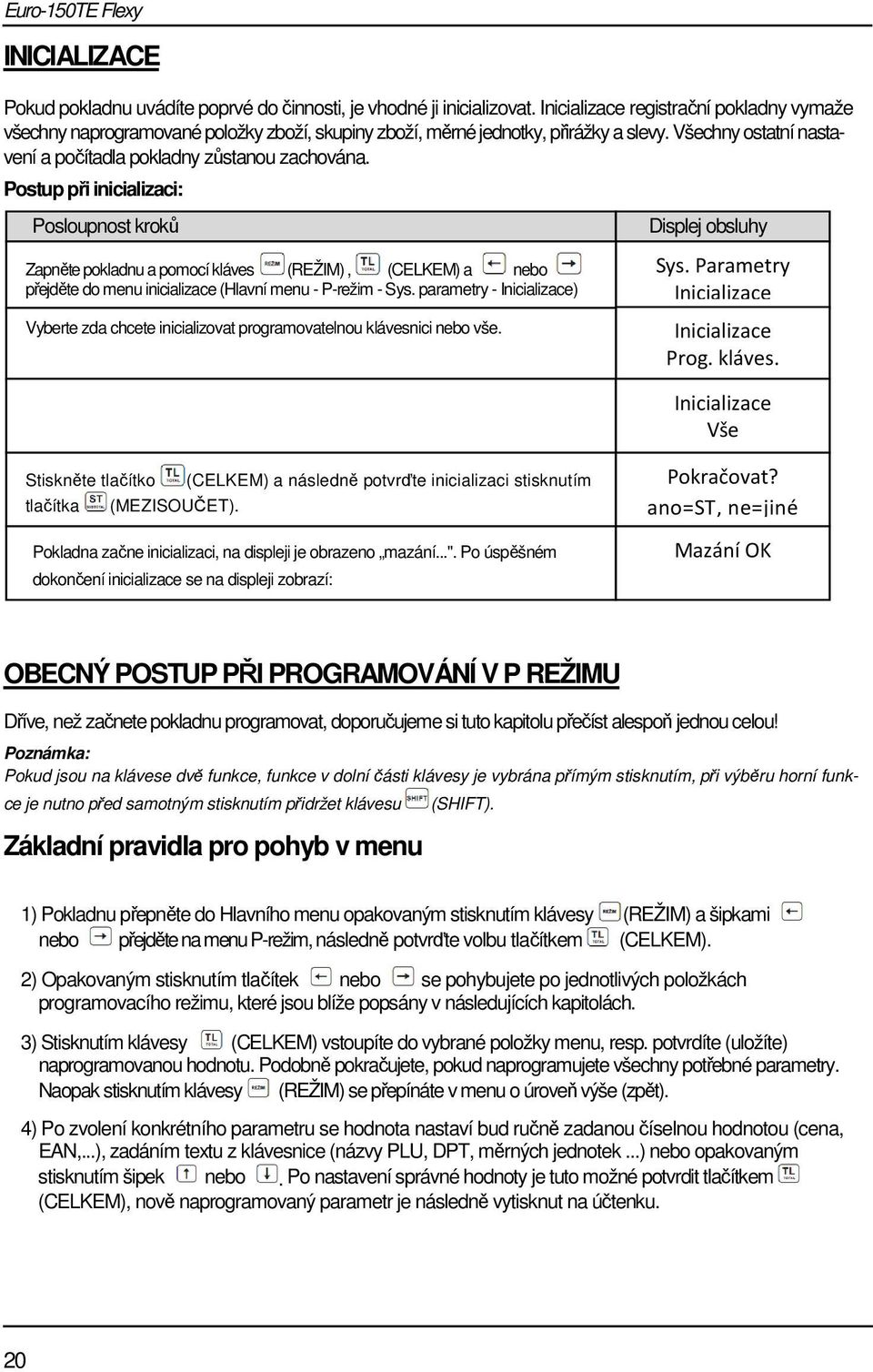 Postup při inicializaci: Posloupnost kroků Zapněte pokladnu a pomocí kláves (REŽIM), (CELKEM) a nebo přejděte do menu inicializace (Hlavní menu - P-režim - Sys.