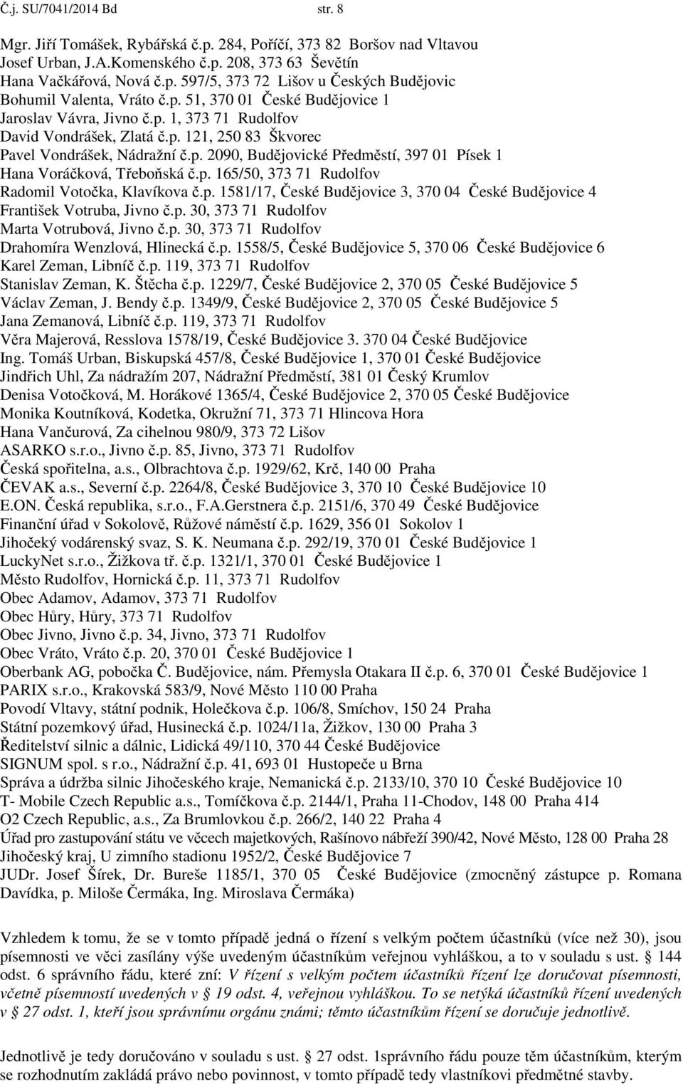 p. 165/50, 373 71 Rudolfov Radomil Votočka, Klavíkova č.p. 1581/17, České Budějovice 3, 370 04 České Budějovice 4 František Votruba, Jivno č.p. 30, 373 71 Rudolfov Marta Votrubová, Jivno č.p. 30, 373 71 Rudolfov Drahomíra Wenzlová, Hlinecká č.