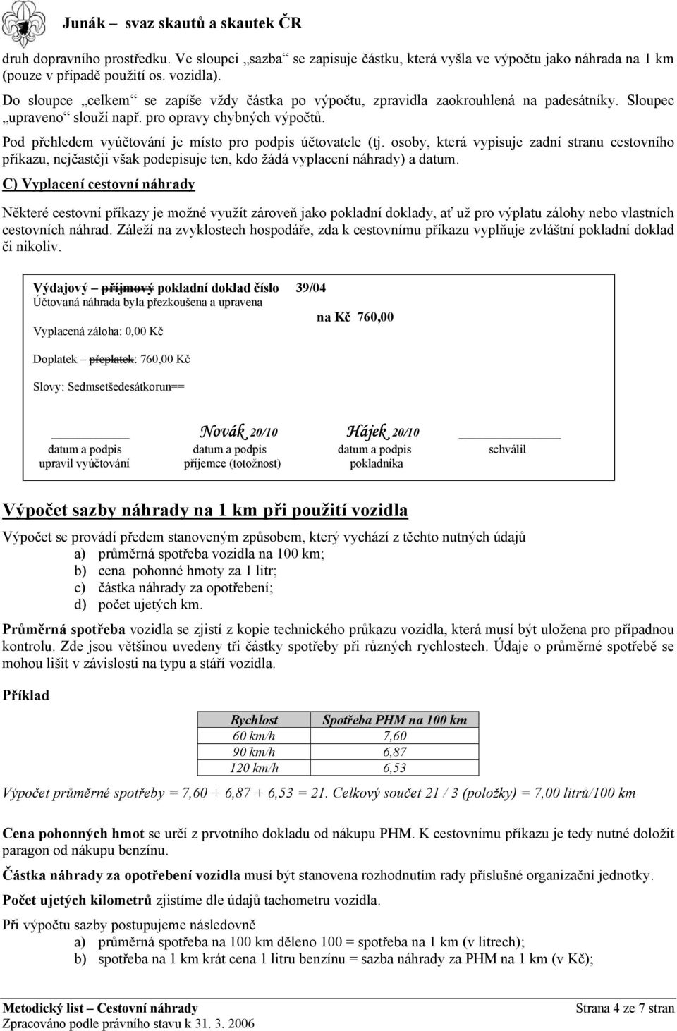 Pod přehledem vyúčtování je místo pro podpis účtovatele (tj. osoby, která vypisuje zadní stranu cestovního příkazu, nejčastěji však podepisuje ten, kdo žádá vyplacení náhrady) a datum.