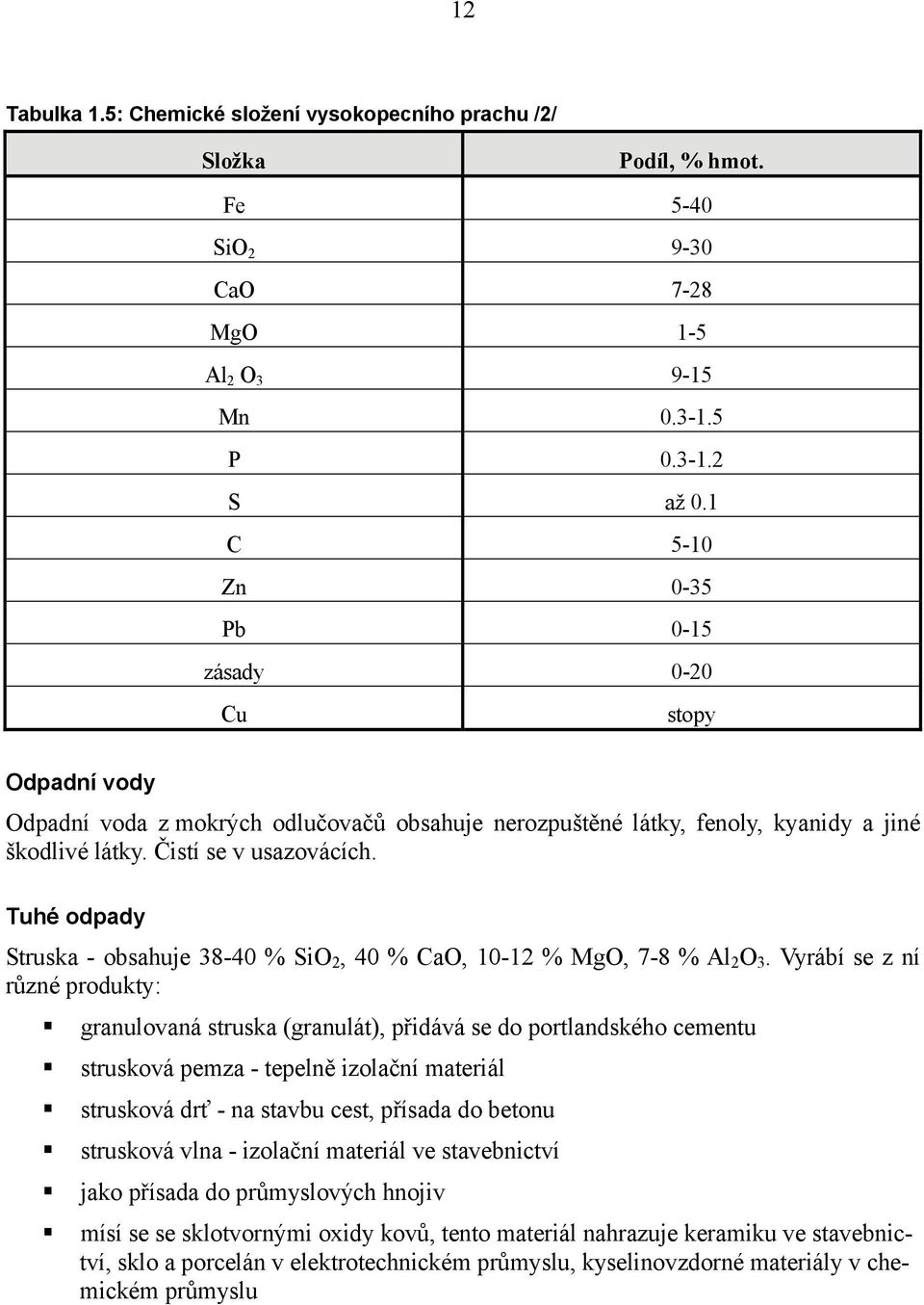 Tuhé odpady Struska - obsahuje 38-40 % SiO 2, 40 % CaO, 10-12 % MgO, 7-8 % Al 2 O 3.