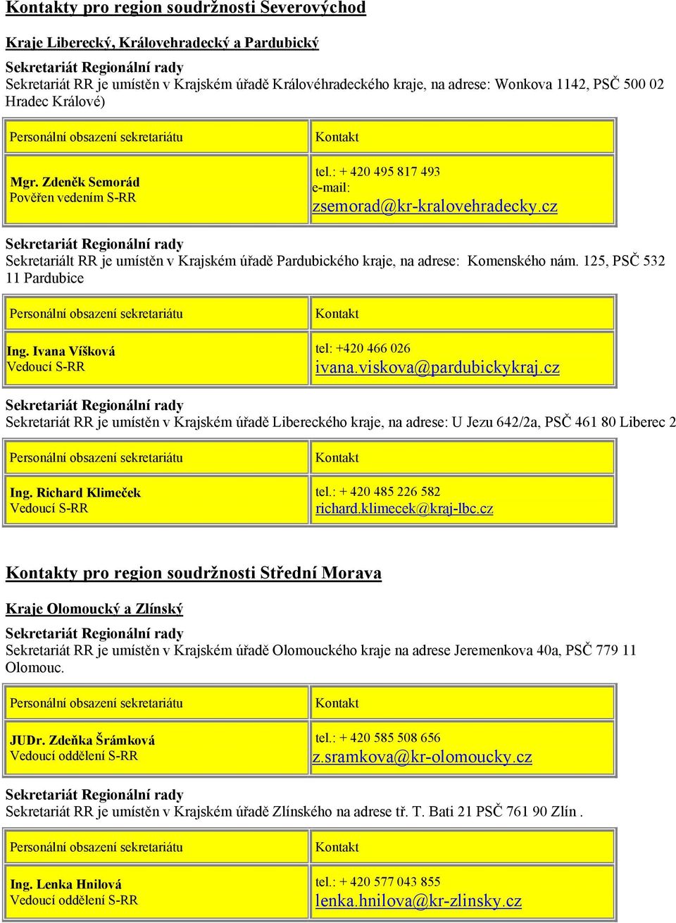 cz Sekretariált RR je umístěn v Krajském úřadě Pardubického kraje, na adrese: Komenského nám. 125, PSČ 532 11 Pardubice Ing. Ivana Víšková Vedoucí S-RR tel: +420 466 026 ivana.viskova@pardubickykraj.