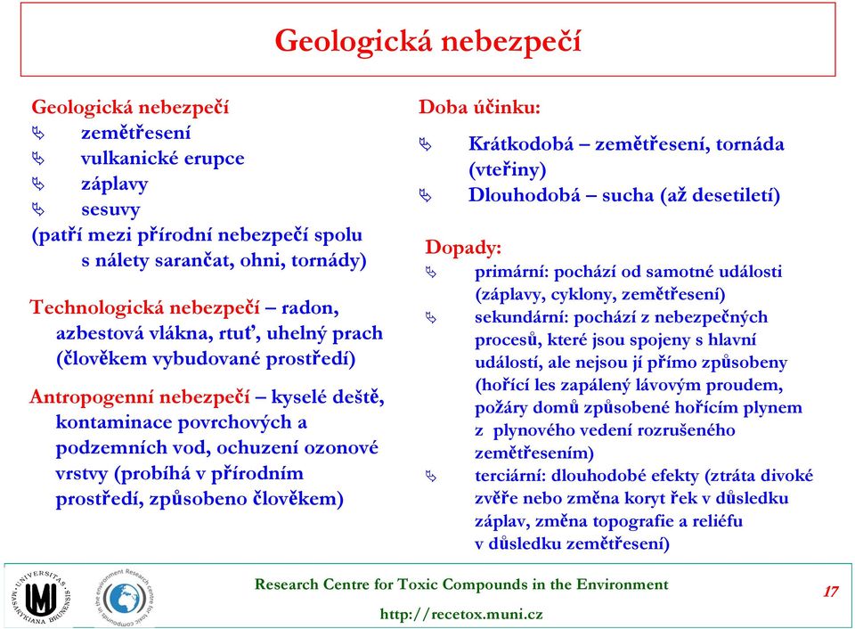 způsobeno člověkem) Doba účinku: Krátkodobá zemětřesení, tornáda (vteřiny) Dlouhodobá sucha (až desetiletí) Dopady: primární: pochází od samotné události (záplavy, cyklony, zemětřesení) sekundární: