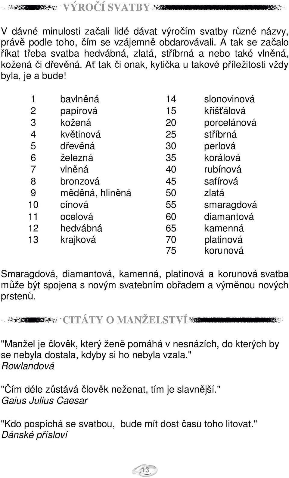 1 bavlněná 14 slonovinová 2 papírová 15 křišťálová 3 kožená 20 porcelánová 4 květinová 25 stříbrná 5 dřevěná 30 perlová 6 železná 35 korálová 7 vlněná 40 rubínová 8 bronzová 45 safírová 9 měděná,