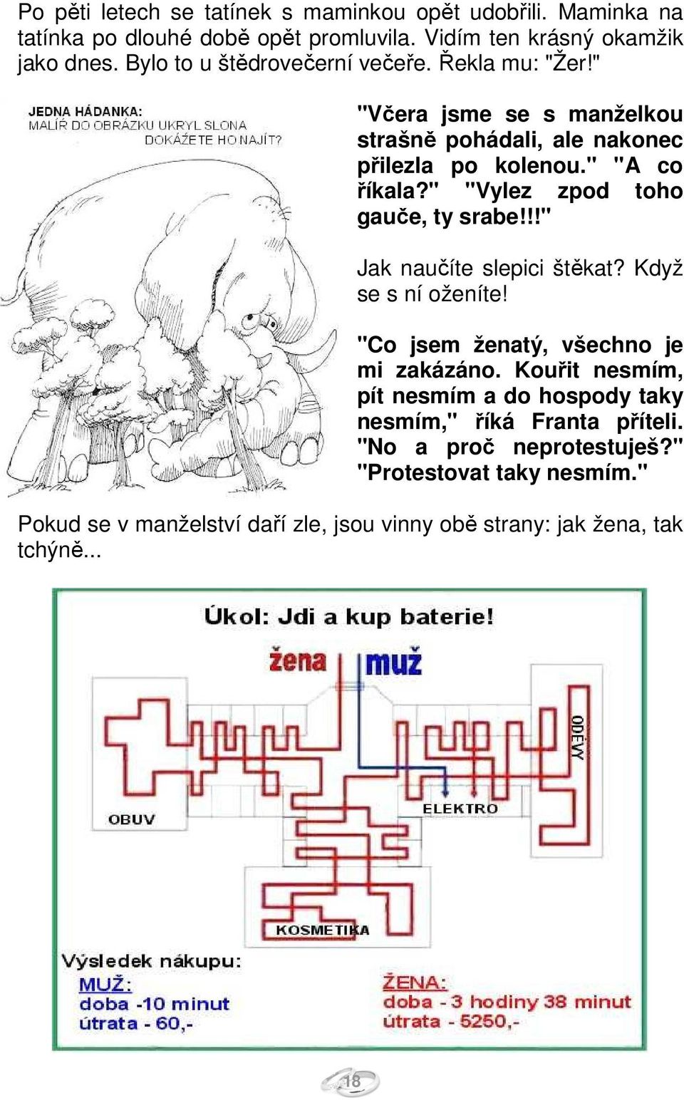 " "Vylez zpod toho gauče, ty srabe!!!" Jak naučíte slepici štěkat? Když se s ní oženíte! "Co jsem ženatý, všechno je mi zakázáno.