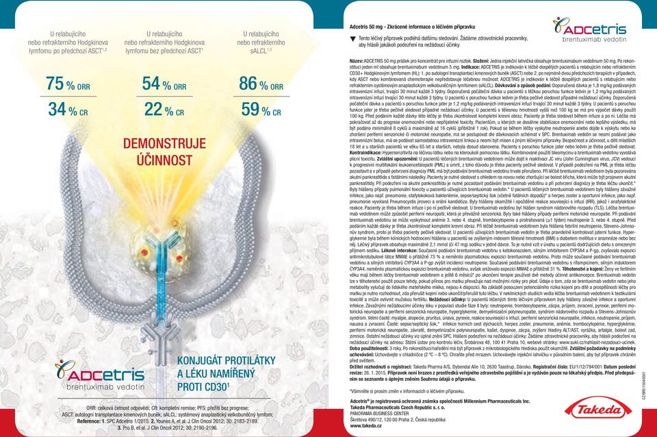 velkobuněčný lymfom; Reference: 1. SPC Adcetris 1/2015. 2. Younes A, et al. J Clin Oncol 2012; 30: 2183-2189. 3. Pro B, et al. J Clin Oncol 2012; 30: 2190-2196.