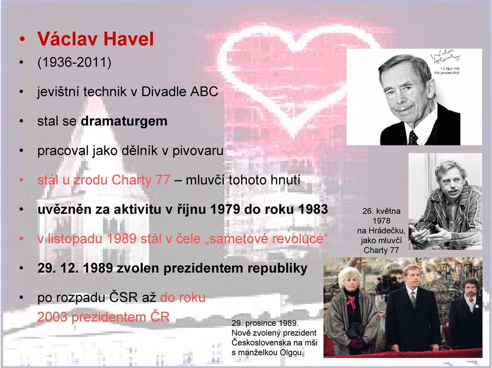 sametové revoluce 29. 12. 1989 zvolen prezidentem republiky po rozpadu ČSR až do roku 2003 prezidentem ČR 29.