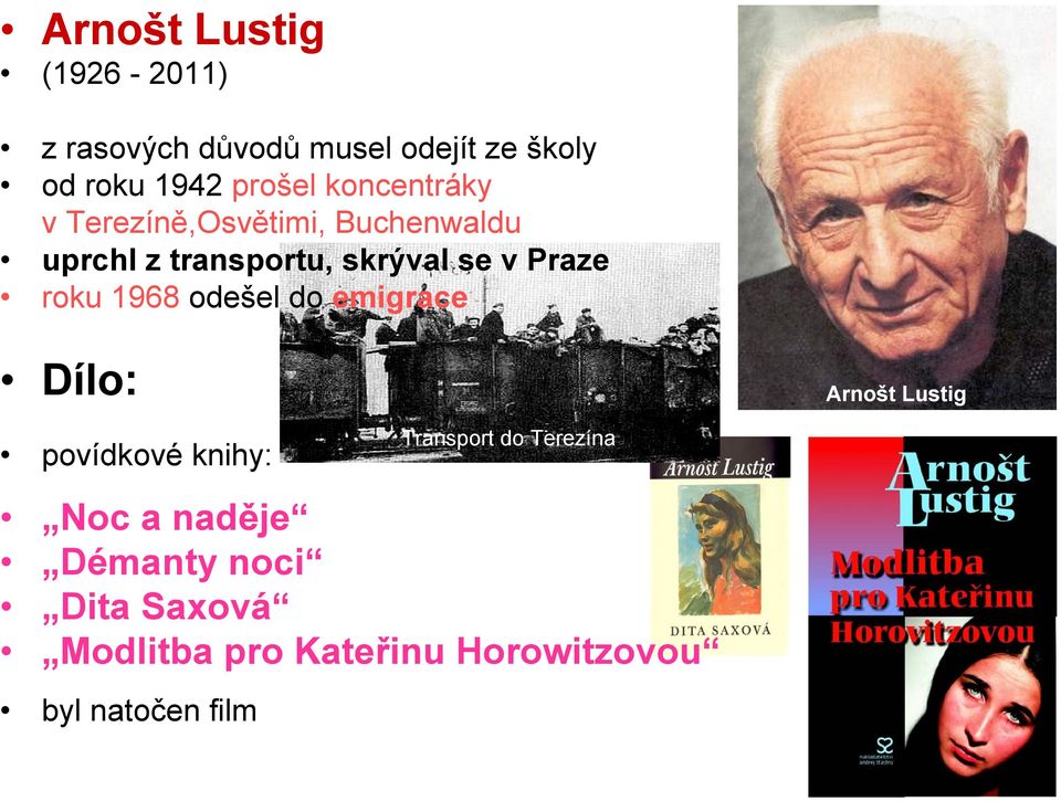 1968 odešel do emigrace Dílo: povídkové knihy: Arnošt Lustig Transport do Terezína Noc a