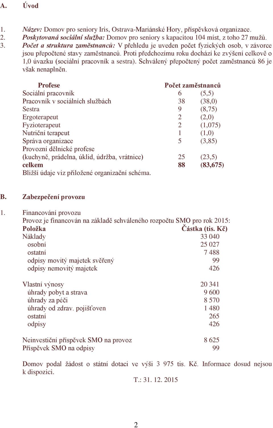 Proti předchozímu roku dochází ke zvýšení celkově o 1,0 úvazku (sociální pracovník a sestra). Schválený přepočtený počet zaměstnanců 86 je však nenaplněn.