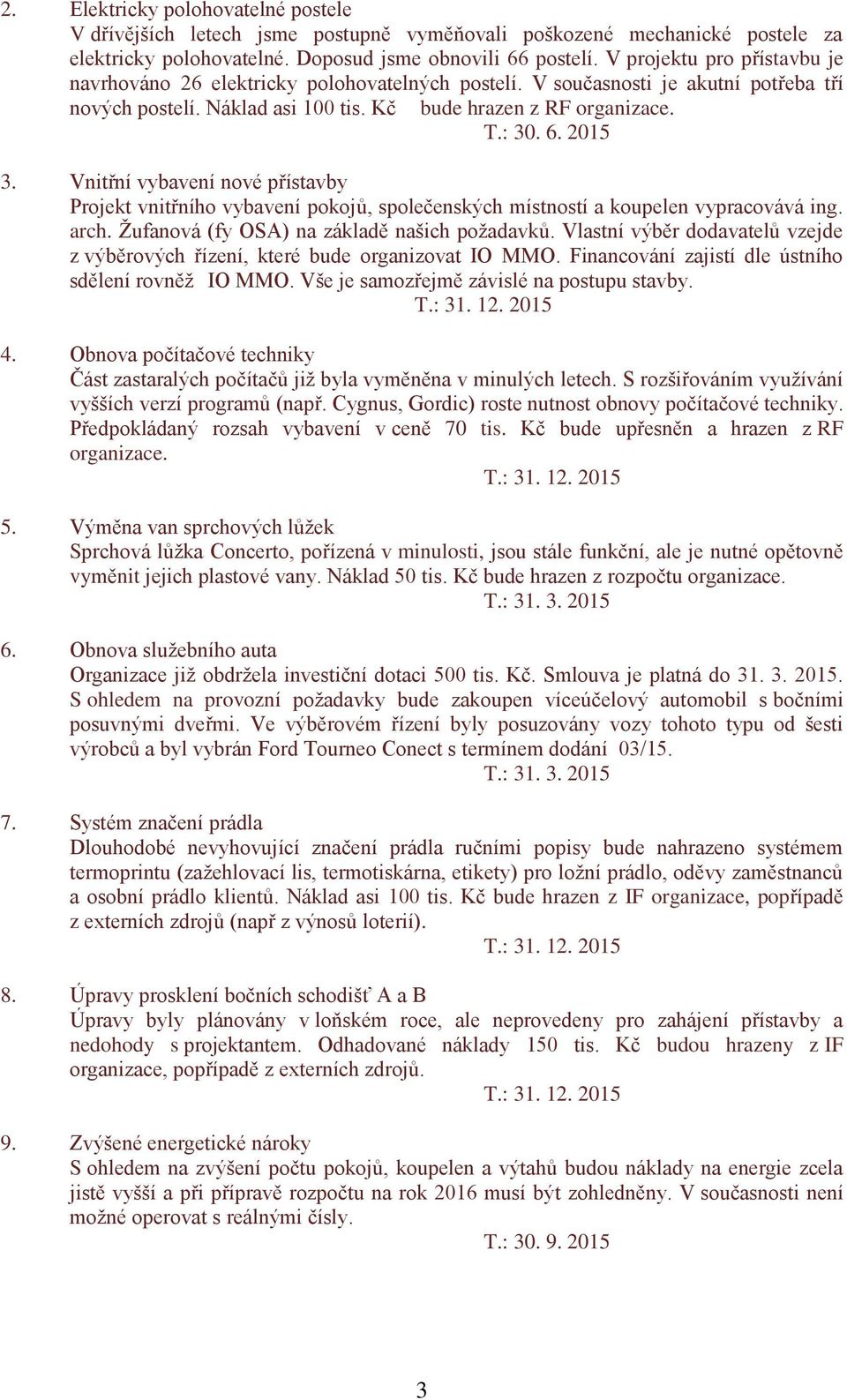 Vnitřní vybavení nové přístavby Projekt vnitřního vybavení pokojů, společenských místností a koupelen vypracovává ing. arch. Žufanová (fy OSA) na základě našich požadavků.