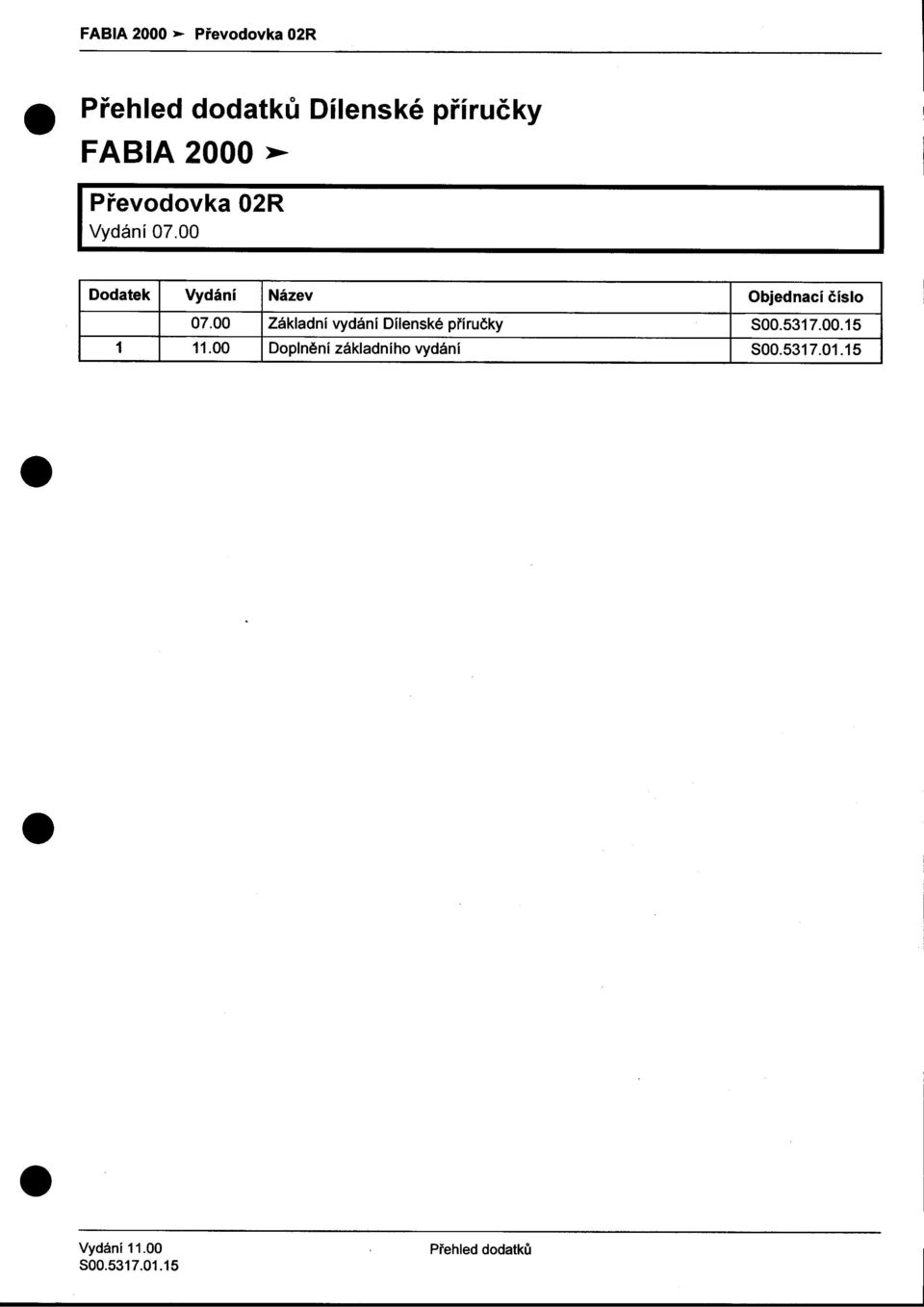 0700 Základní vydání Dílenské pøíruèky 50053170015 1 1100 Doplnìní