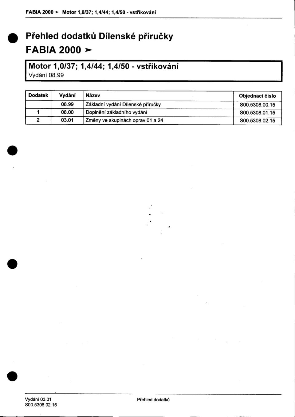 Dodatek Vydání Název Objednací èíslo 0899 Základní vydání Dílenské pøíruèky 50053080015 1 0800