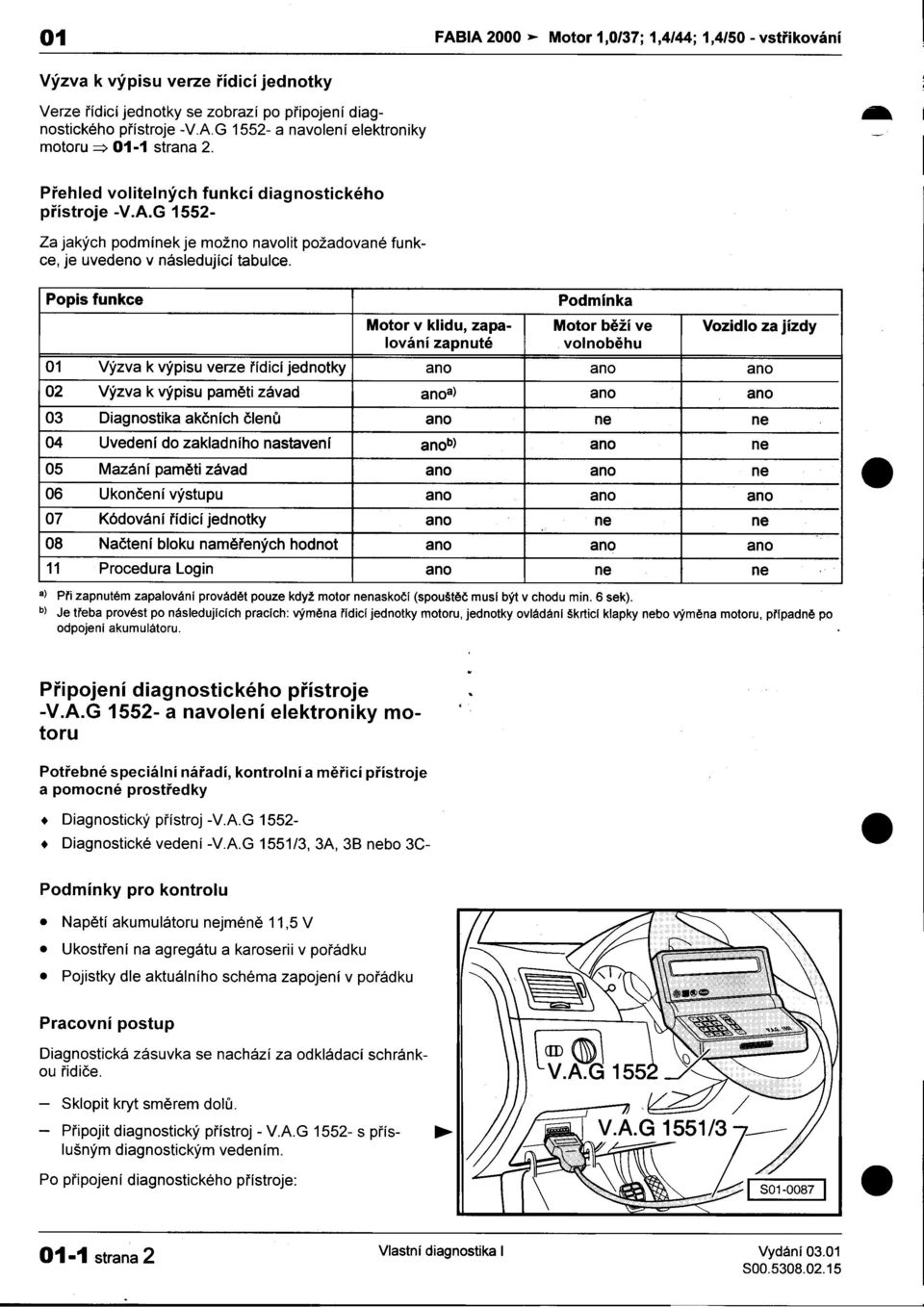 funkce Podmínka Motor v klidu, zapa- Motor bìží ve Vozidlo za jízdy lování zapnuté volnobìhu 01 Výzva k výpisu verze øídicí jednotky ano ano ano 02 Výzva k výpisu pamìti závad anoa) ano ano 03