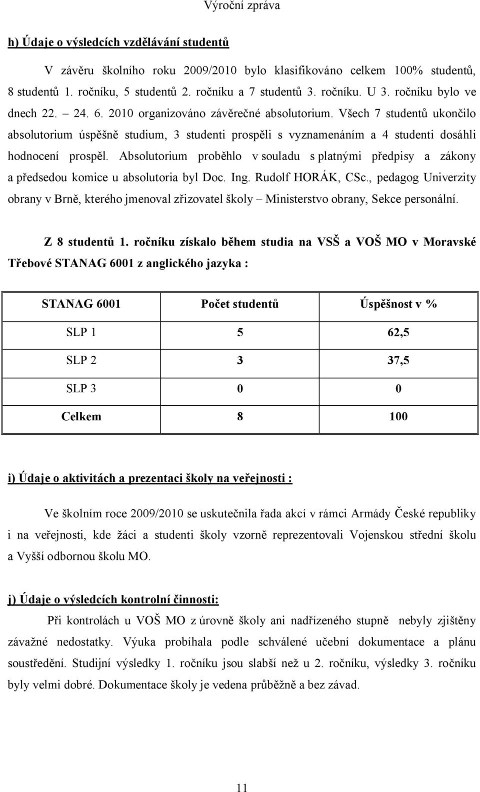 Všech 7 studentů ukončilo absolutorium úspěšně studium, 3 studenti prospěli s vyznamenáním a 4 studenti dosáhli hodnocení prospěl.