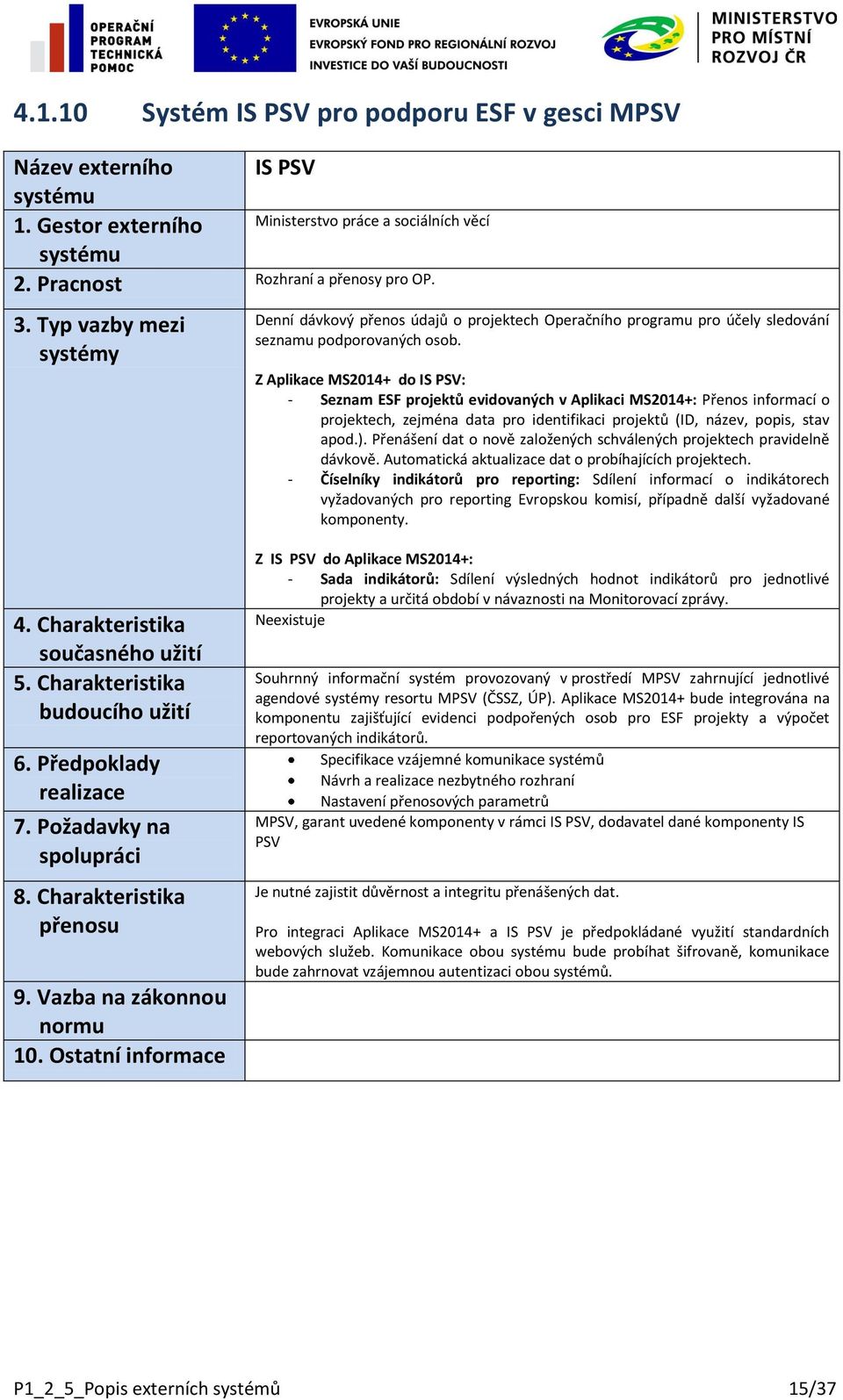 Z Aplikace MS2014+ do IS PSV: - Seznam ESF projektů evidovaných v Aplikaci MS2014+: Přenos informací o projektech, zejména data pro identifikaci projektů (ID, název, popis, stav apod.).