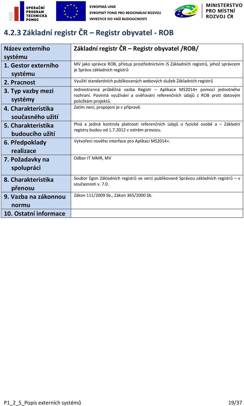 Odbor IT MMR, MV MV jako správce ROB, přístup prostřednictvím IS Základních registrů, jehož správcem je Správa základních registrů Jednostranná průběžná vazba Registr Aplikace MS2014+ pomocí