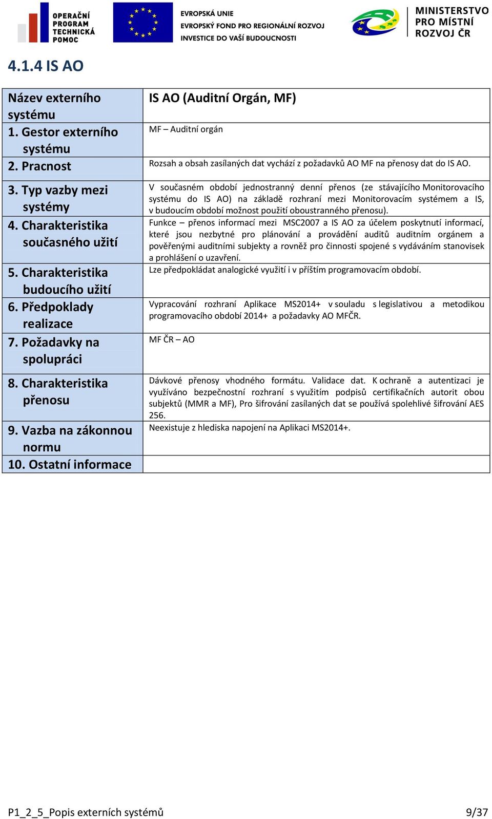 Funkce přenos informací mezi MSC2007 a IS AO za účelem poskytnutí informací, které jsou nezbytné pro plánování a provádění auditů auditním orgánem a pověřenými auditními subjekty a rovněž pro