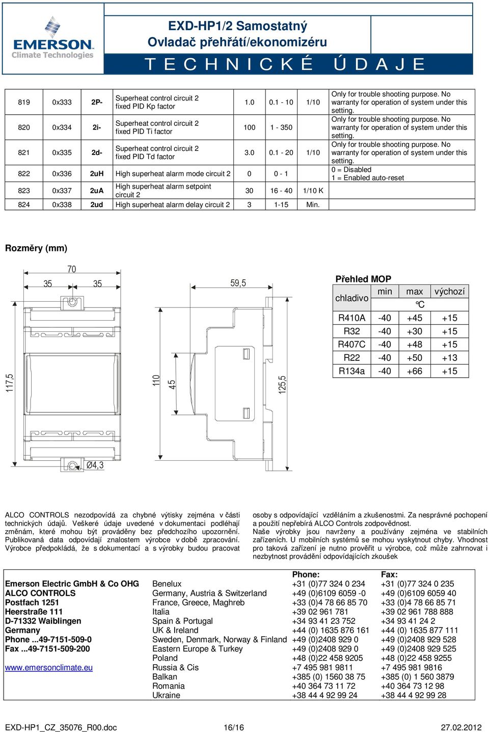 Min. Only for trouble shooting purpose. No warranty for operation of system under this setting.