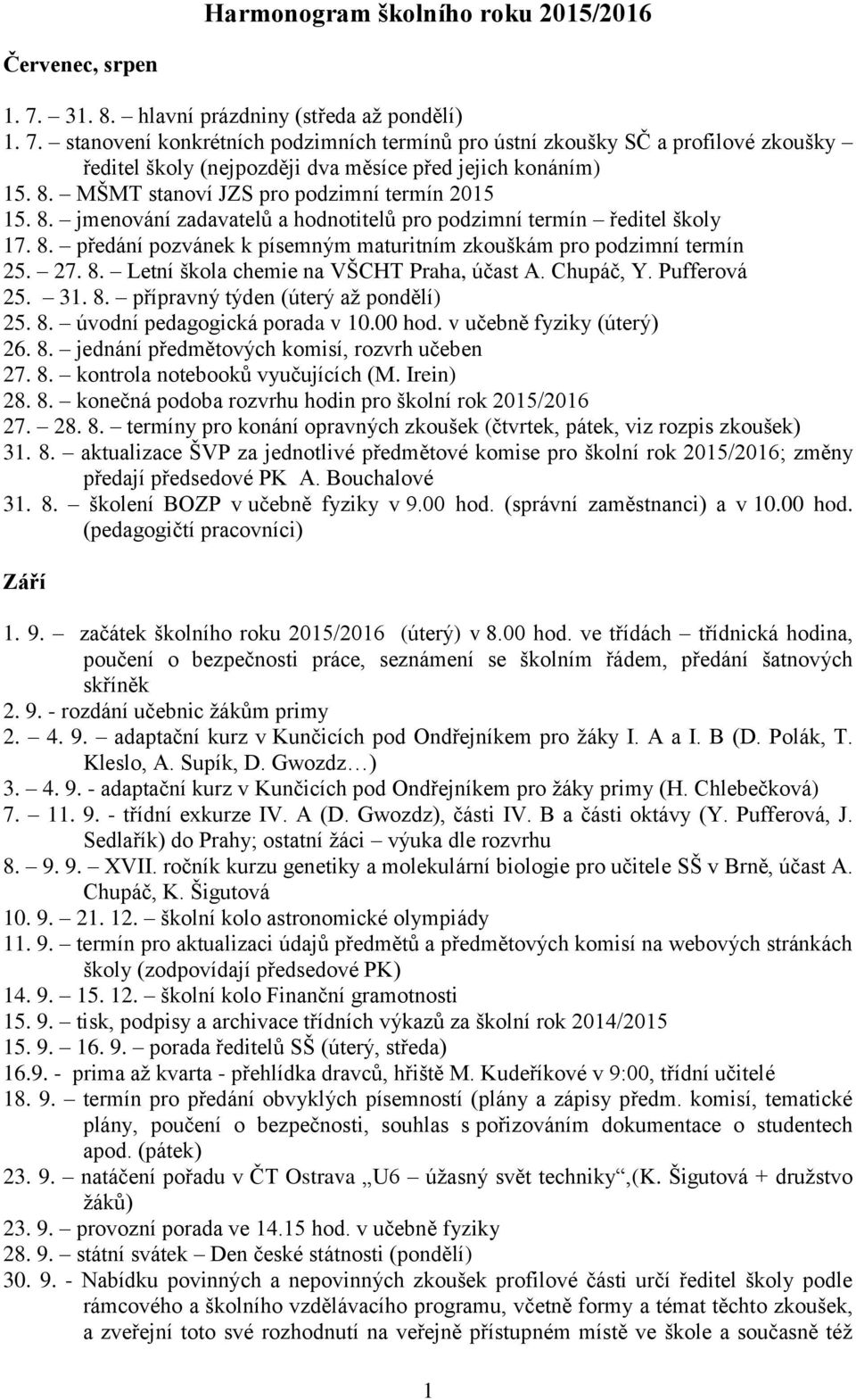 8. jmenování zadavatelů a hodnotitelů pro podzimní termín ředitel školy 17. 8. předání pozvánek k písemným maturitním zkouškám pro podzimní termín 25. 27. 8. Letní škola chemie na VŠCHT Praha, účast A.