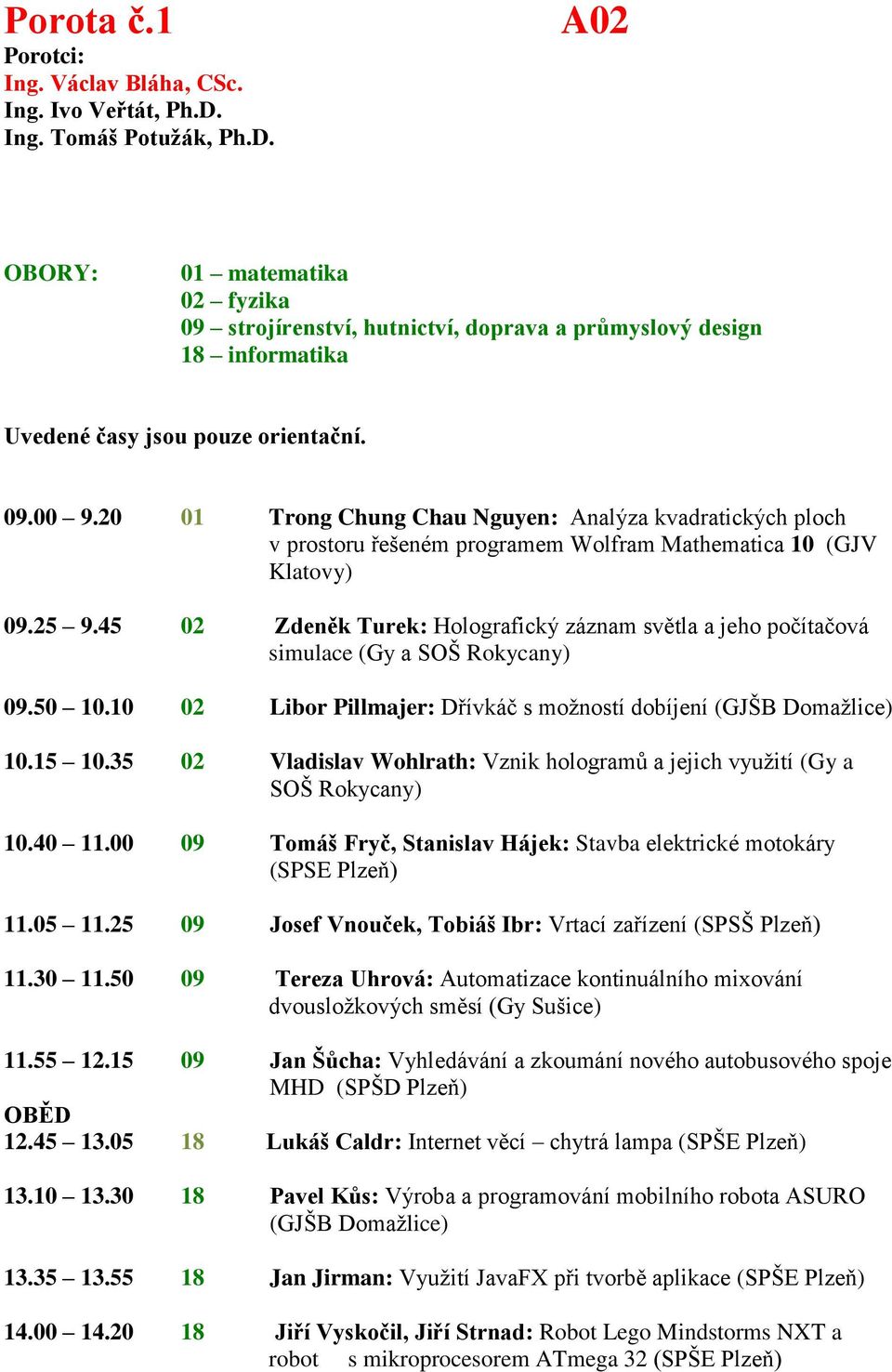 45 02 Zdeněk Turek: Holografický záznam světla a jeho počítačová simulace (Gy a SOŠ Rokycany) 09.50 10.10 02 Libor Pillmajer: Dřívkáč s možností dobíjení (GJŠB Domažlice) 10.15 10.