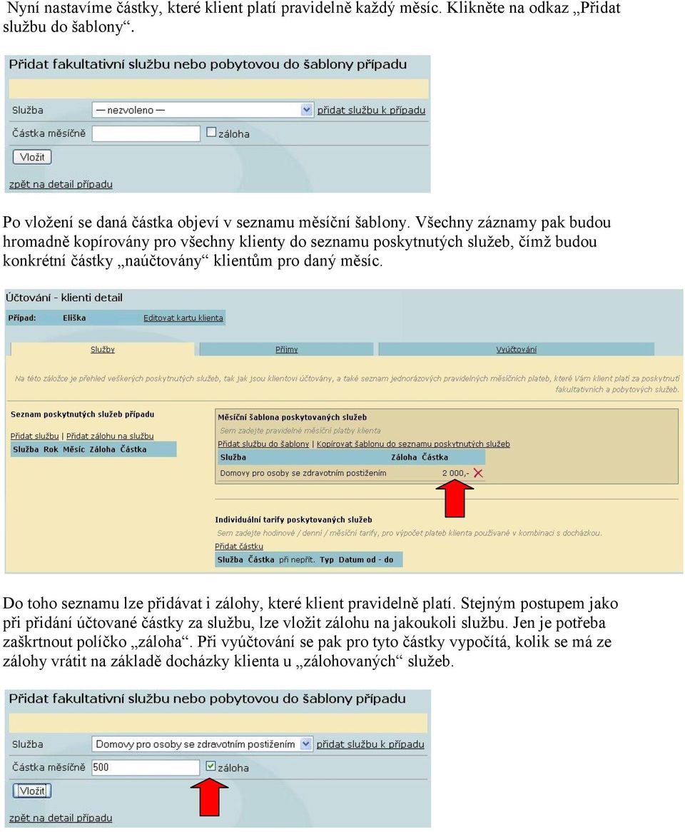 Všechny záznamy pak budou hromadně kopírovány pro všechny klienty do seznamu poskytnutých služeb, čímž budou konkrétní částky naúčtovány klientům pro daný měsíc.