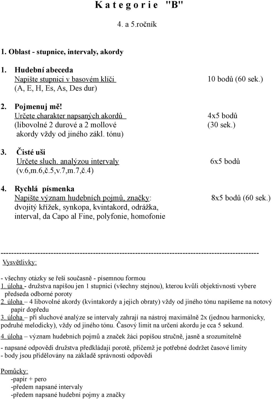 Rychlá písmenka Napište význam hudebních pojmů, značky: dvojitý křížek, synkopa, kvintakord, odrážka, interval, da Capo al Fine, polyfonie, homofonie 10 bodů (60 sek.) 4x5 bodů (30 sek.