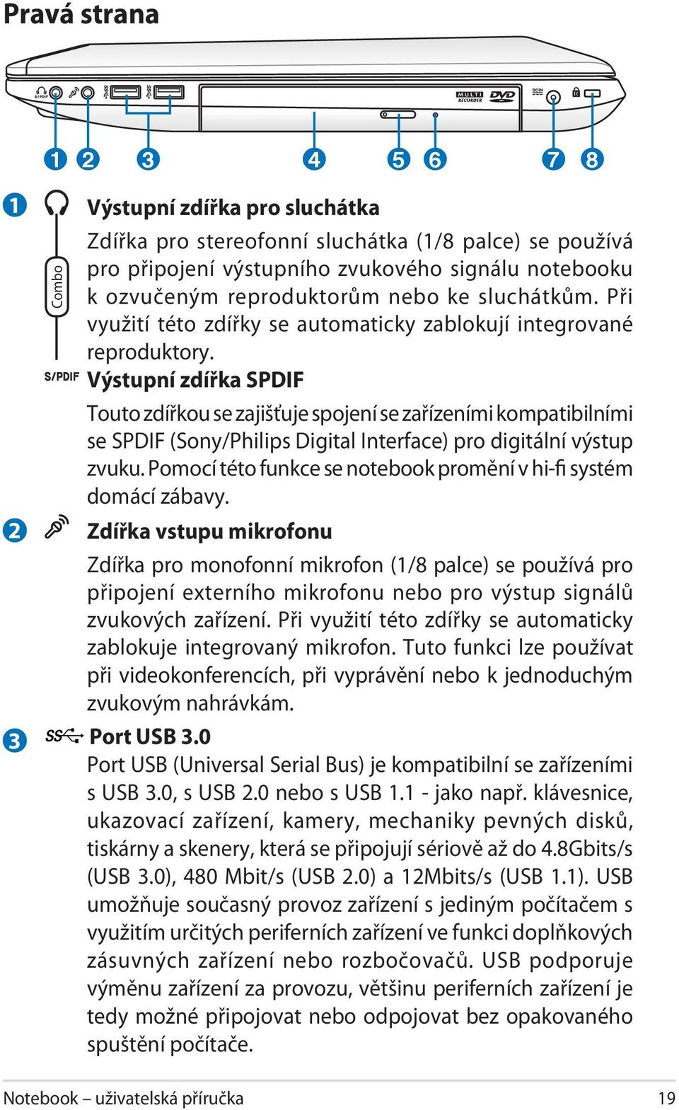 Výstupní zdířka SPDIF Touto zdířkou se zajišťuje spojení se zařízeními kompatibilními se SPDIF (Sony/Philips Digital Interface) pro digitální výstup zvuku.