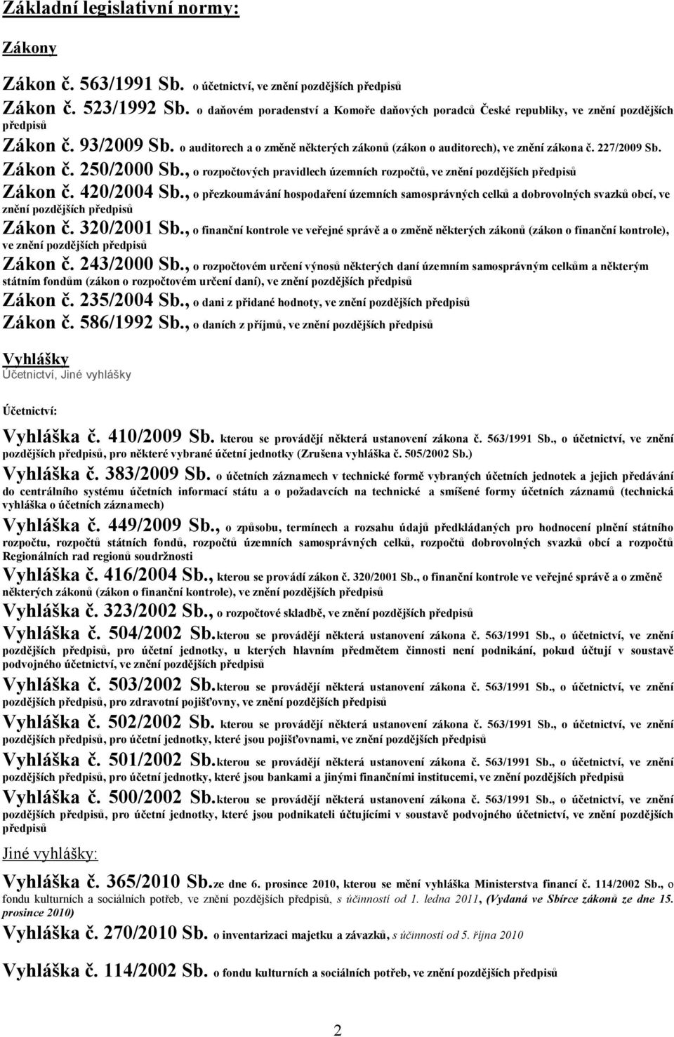 227/2009 Sb. Zákon č. 250/2000 Sb., o rozpočtových pravidlech územních rozpočtů, ve znění pozdějších předpisů Zákon č. 420/2004 Sb.