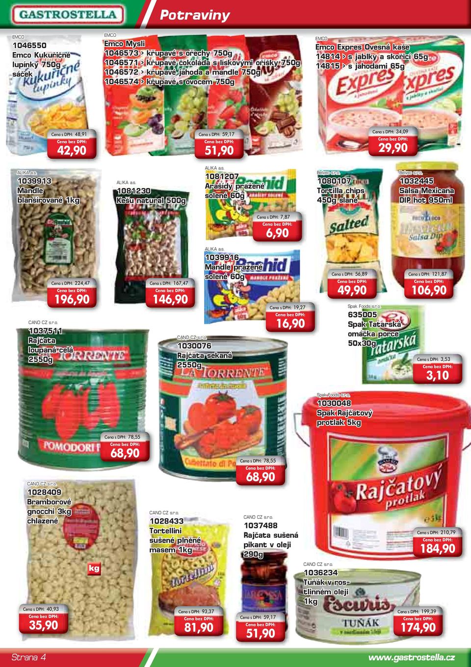 s. 1081230 Kešu natural 500g ALIKA a.s. 1081207 Arašídy pražené solené 60g Belvec s.r.o. 1080107 Tortilla chips 450g slané Belvec s.r.o. 1032445 Salsa Mexicana DIP hot 950ml Cena s DPH: 7,87 6,90 CANO CZ s.