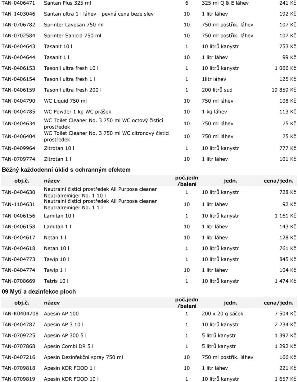 láhev 107 Kč TAN-0404643 Tasanit 10 l 1 10 litrů kanystr 753 Kč TAN-0404644 Tasanit 1 l 10 1 litr láhev 99 Kč TAN-0406153 Tasonil ultra fresh 10 l 1 10 litrů kanystr 1 066 Kč TAN-0406154 Tasonil