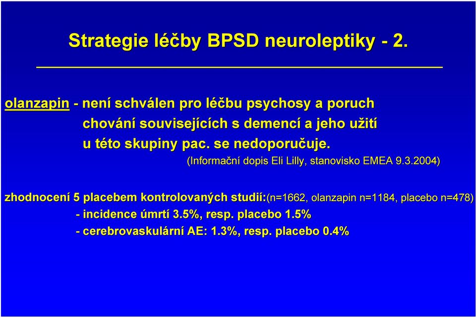 této t to skupiny pac.. se nedoporučuje. uje. (Informační dopis Eli Lilly,, stanovisko EMEA 9.3.