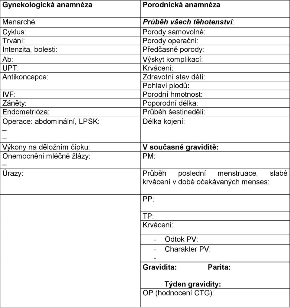 Délka kojení: IVF: Záněty: Endometrióza: Operace: abdominální, LPSK: Výkony na děložním čípku: V současné graviditě: Onemocněni mléčné žlázy: PM: Úrazy: Průběh