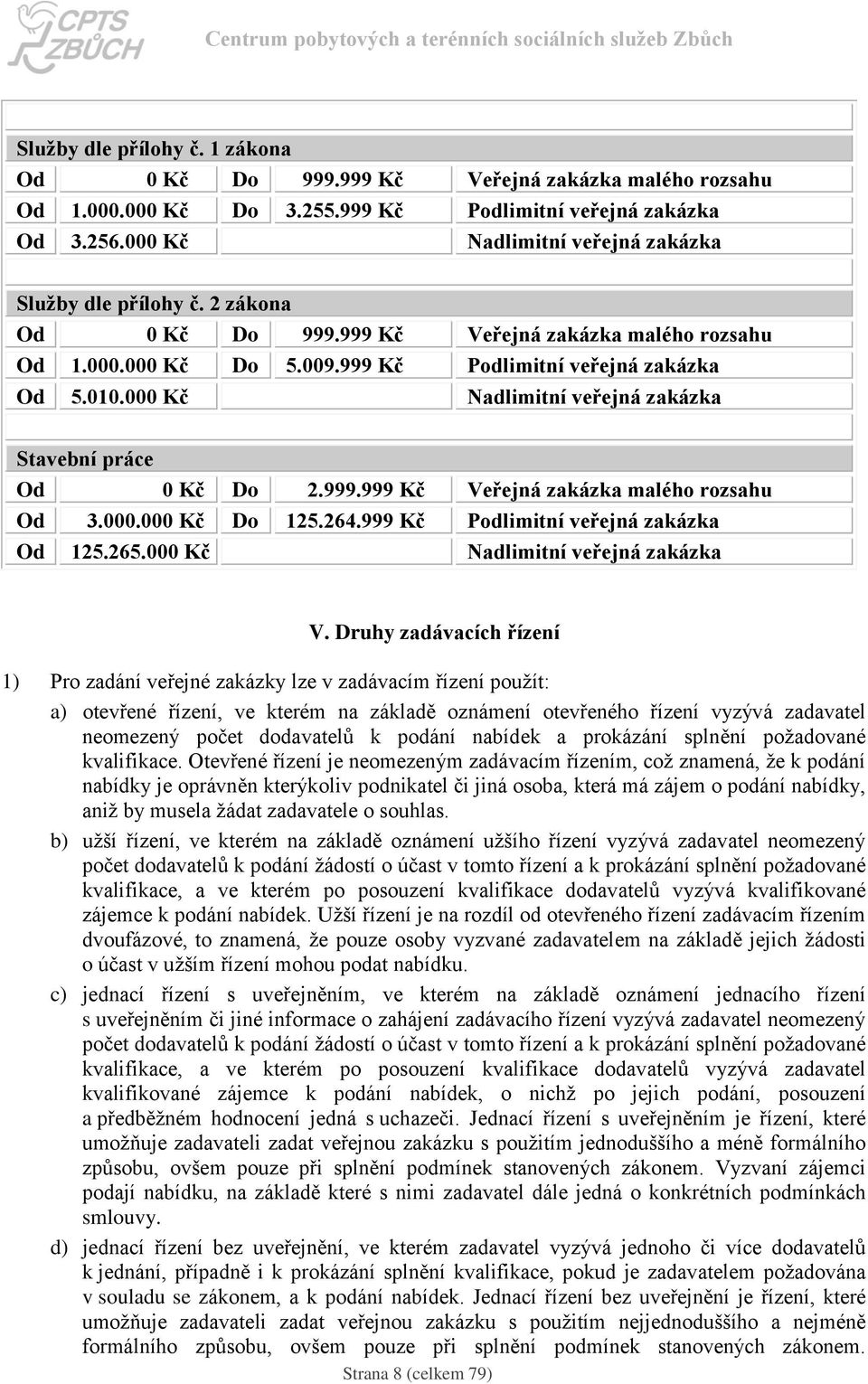 000 Kč Nadlimitní veřejná zakázka Stavební práce Od 0 Kč Do 2.999.999 Kč Veřejná zakázka malého rozsahu Od 3.000.000 Kč Do 125.264.999 Kč Podlimitní veřejná zakázka Od 125.265.