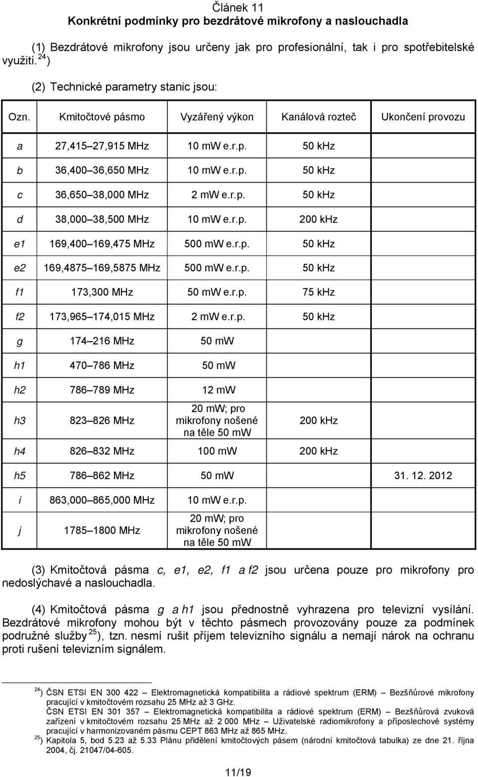 r.p. 200 khz e1 169,400 169,475 MHz 500 mw e.r.p. 50 khz e2 169,4875 169,5875 MHz 500 mw e.r.p. 50 khz f1 173,300 MHz 50 mw e.r.p. 75 khz f2 173,965 174,015 MHz 2 mw e.r.p. 50 khz g 174 216 MHz 50 mw h1 470 786 MHz 50 mw h2 786 789 MHz 12 mw h3 823 826 MHz 20 mw; pro mikrofony nošené na těle 50 mw 200 khz h4 826 832 MHz 100 mw 200 khz h5 786 862 MHz 50 mw 31.