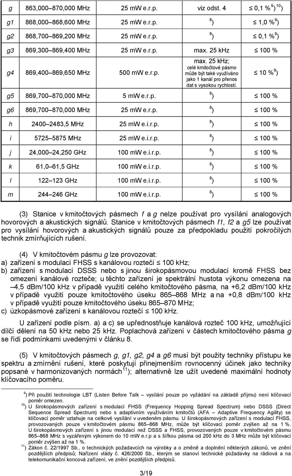 10 % 9 ) g6 869,700 870,000 MHz 25 mw e.r.p. h 2400 2483,5 MHz 25 mw e.i.r.p. i 5725 5875 MHz 25 mw e.i.r.p. j 24,000 24,250 GHz 100 mw e.i.r.p. k 61,0 61,5 GHz 100 mw e.i.r.p. l 122 123 GHz 100 mw e.