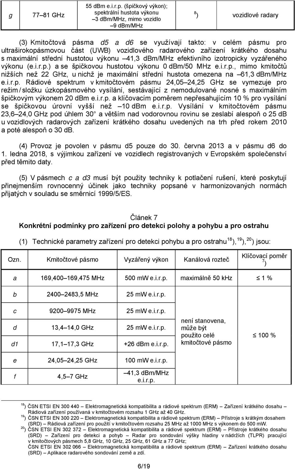 vozidlového radarového zařízení krátkého dosahu s maximální střední hustotou výkonu 41,3 dbm/mhz efektivního izotropi