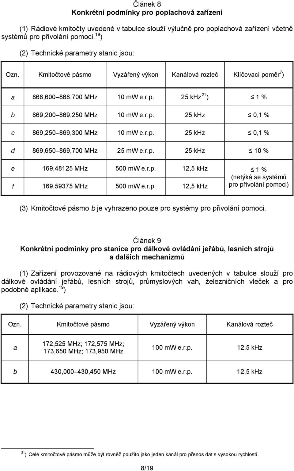 r.p. 25 khz 10 % e 169,48125 MHz 500 mw e.r.p. 12,5 khz f 169,59375 MHz 500 mw e.r.p. 12,5 khz 1 % (netýká se systémů pro přivolání pomoci) (3) Kmitočtové pásmo b je vyhrazeno pouze pro systémy pro přivolání pomoci.