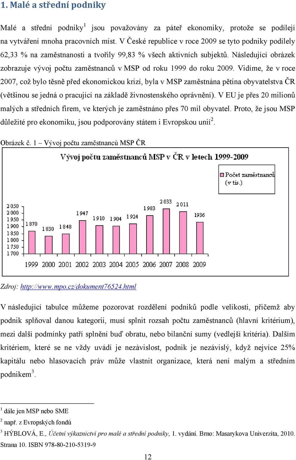 Následující obrázek zobrazuje vývoj počtu zaměstnanců v MSP od roku 1999 do roku 2009.