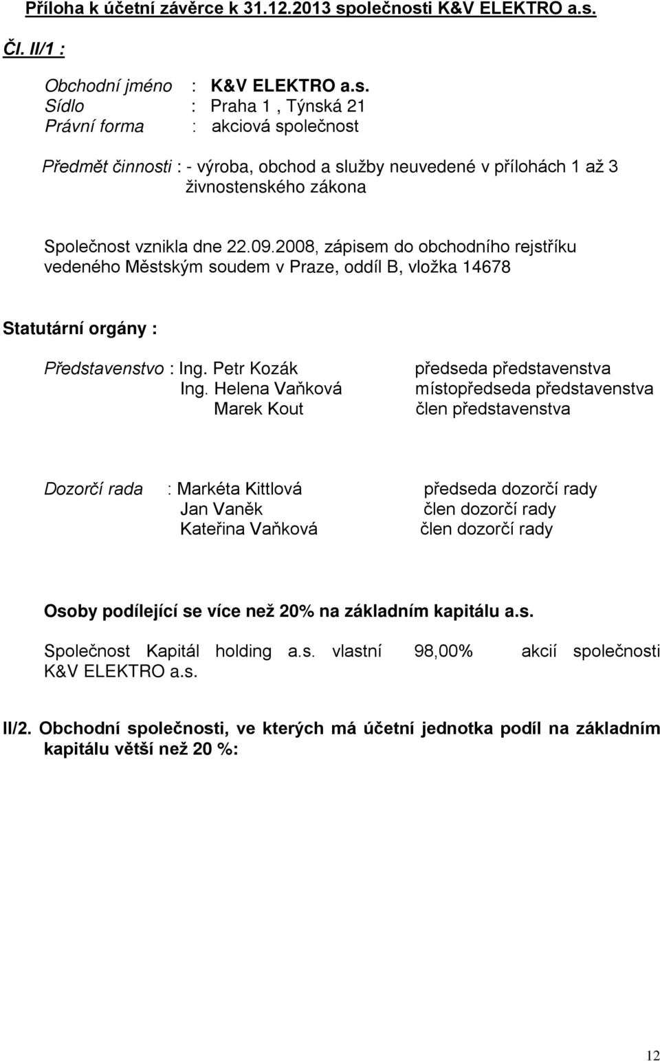 09.2008, zápisem do obchodního rejstříku vedeného Městským soudem v Praze, oddíl B, vložka 14678 Statutární orgány : Představenstvo : Ing. Petr Kozák Ing.