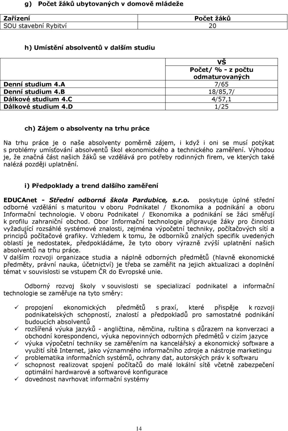 D 1/25 ch) Zájem o absolventy na trhu práce Na trhu práce je o naše absolventy poměrně zájem, i když i oni se musí potýkat s problémy umísťování absolventů škol ekonomického a technického zaměření.