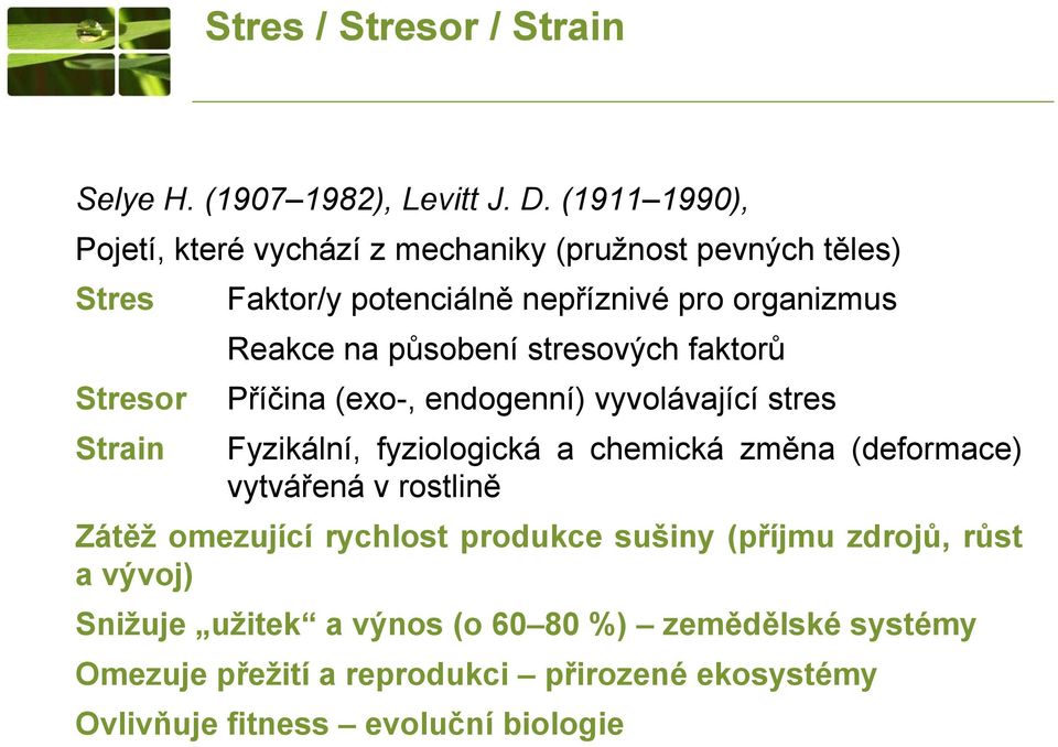 Reakce na působení stresových faktorů Příčina (exo-, endogenní) vyvolávající stres Fyzikální, fyziologická a chemická změna (deformace)