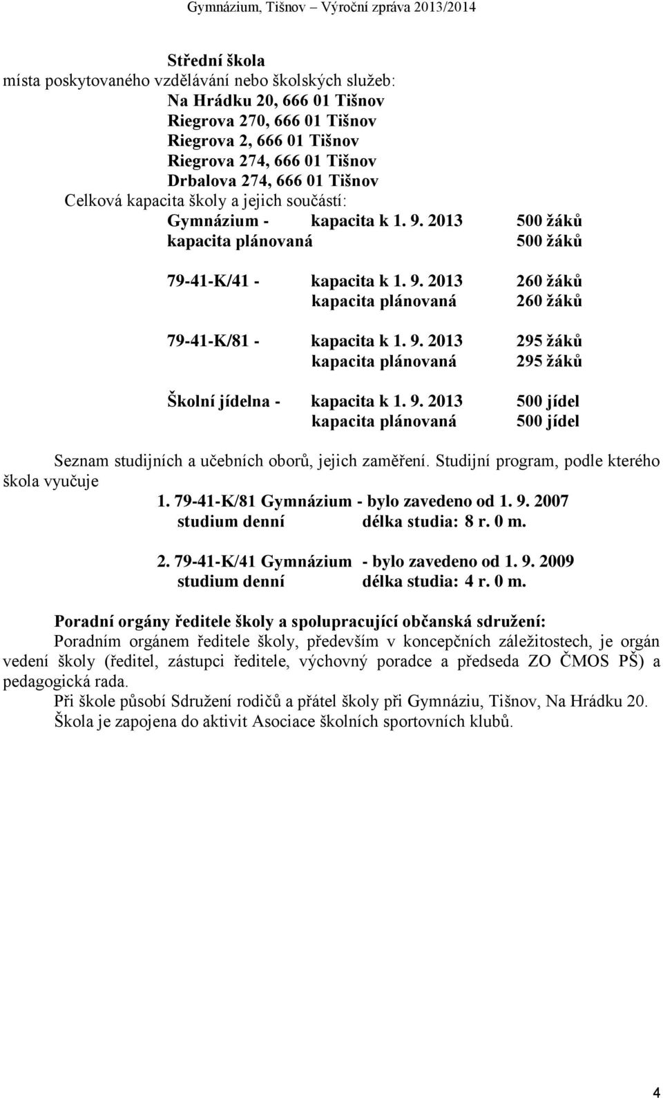 9. 2013 295 žáků kapacita plánovaná 295 žáků Školní jídelna - kapacita k 1. 9. 2013 500 jídel kapacita plánovaná 500 jídel Seznam studijních a učebních oborů, jejich zaměření.