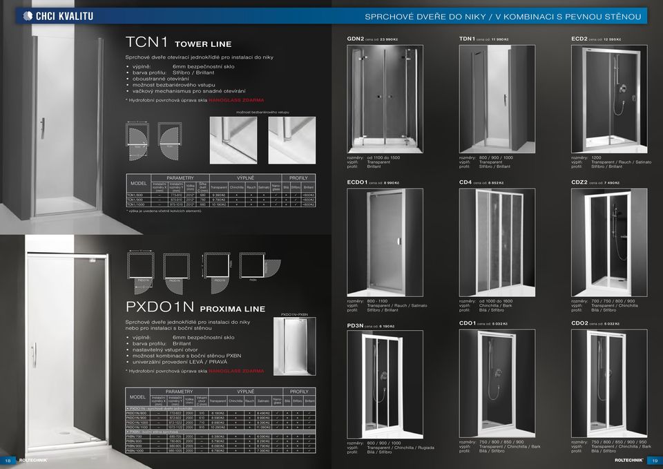 NANOGLASS ZDARMA možnost bezbariérového vstupu TCN1 TCN1 C rozměry: od 1100 do 1500 výplň: Transparent profil: Brillant rozměry: 800 / 900 / 1000 výplň: Transparent profil: Stříbro / Brillant