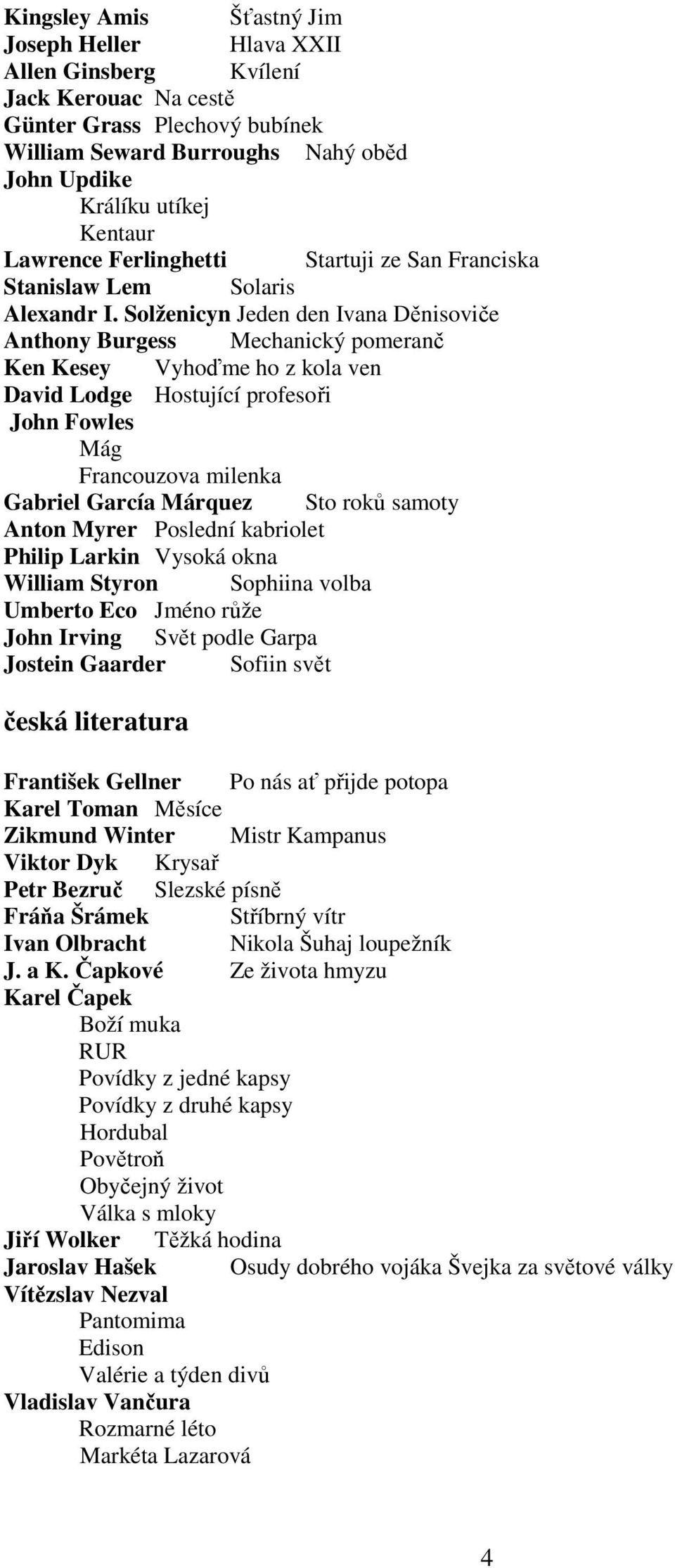 Solženicyn Jeden den Ivana Děnisoviče Anthony Burgess Mechanický pomeranč Ken Kesey Vyhoďme ho z kola ven David Lodge Hostující profesoři John Fowles Mág Francouzova milenka Gabriel García Márquez