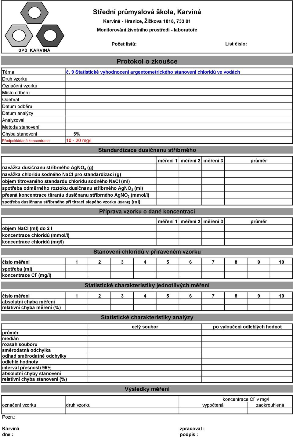 titrantu dusičnanu stříbrného AgNO 3 (mmol/l) spotřeba dusičnanu stříbrného při titraci slepého vzorku (blank) (ml) objem NaCl (ml) do 2 l koncentrace chloridů (mmol/l) koncentrace chloridů (mg/l)